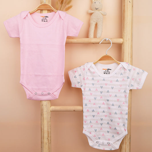 Organic Cotton Baby Half Sleeve Onesie | Little Hearts & Pink  | Pack of 2