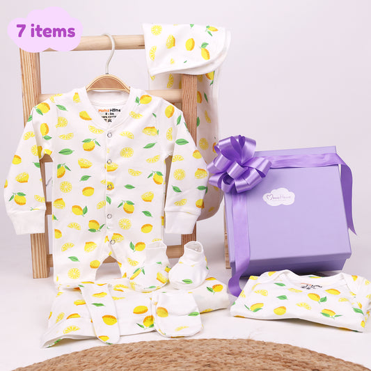 New Born Baby Gift Hamper | Baby Shower Gift Hamper | Baby Essential Clothes Set | Lemon | Pack of 7