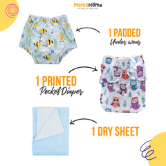 Baby Unisex Nappy Combo 1 Dry sheet, 1 Pocket Diaper, 1 Padded Underwear | 0-12 Months |  Multicolor