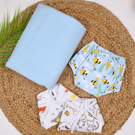 Baby Unisex Nappy Combo 1 Dry sheet, 2 Muslin Nappy, 1 Padded Underwear | 0-12 Months | Multicolor