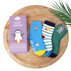 Organic Cotton Anti-Skid Socks for Boys | Non-Slip Grip Socks | Mixed Prints & Designs | Pack of 3