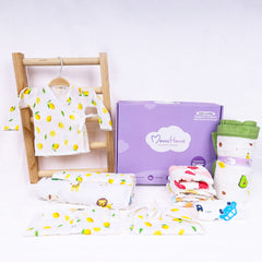 New Born Baby Muslin Gift Hamper | Baby Shower Gift Set | Baby Essential Clothes Set | Lemon | Pack of 10