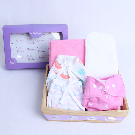 Organic Cotton Baby Nappy Time Combo | 5 Items | Pink | 0-6 Months