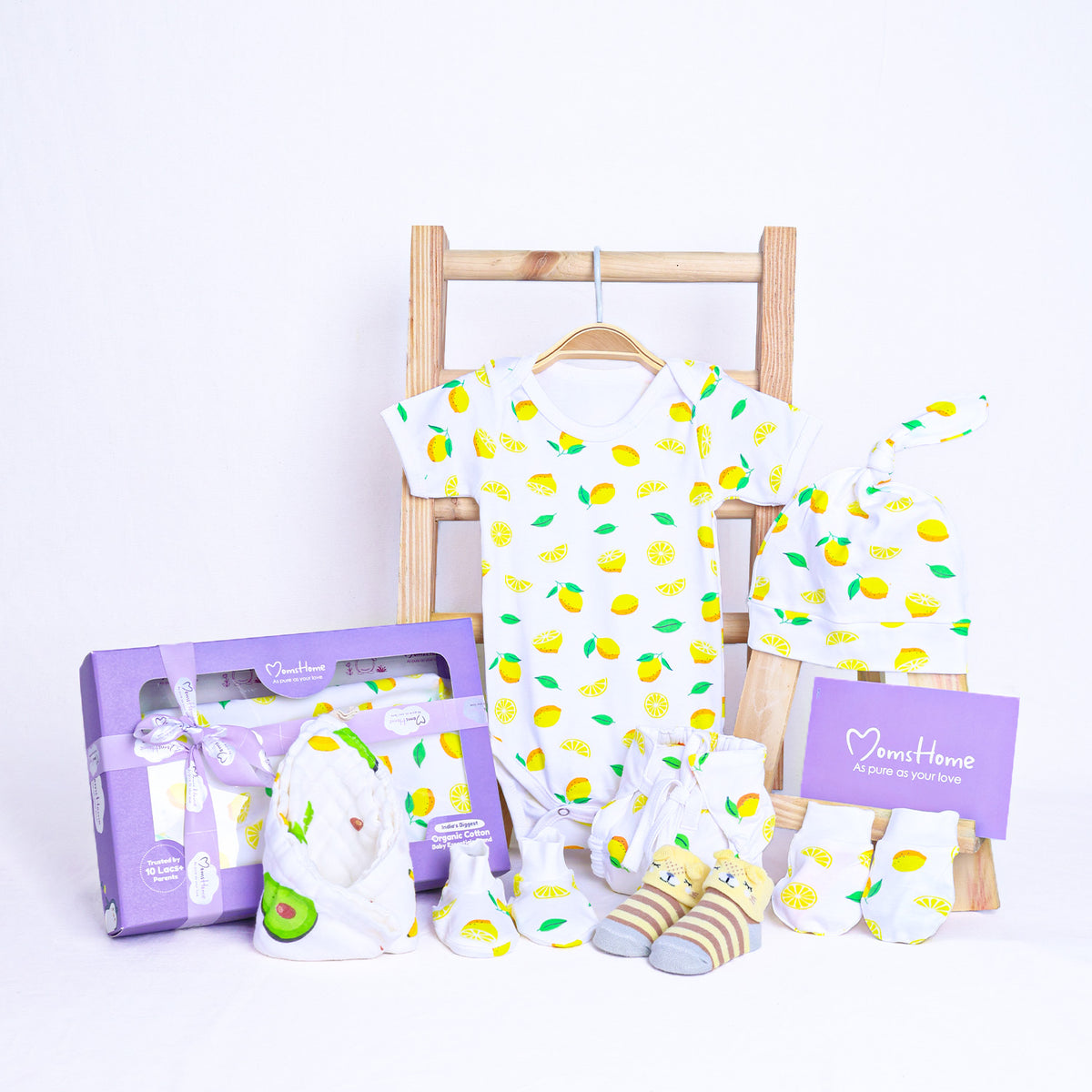 Organic Cotton Baby Essentials Gift Set | Baby Shower Gift Hamper | Baby Clothing Gift Combo | Lemon | Pack of 7