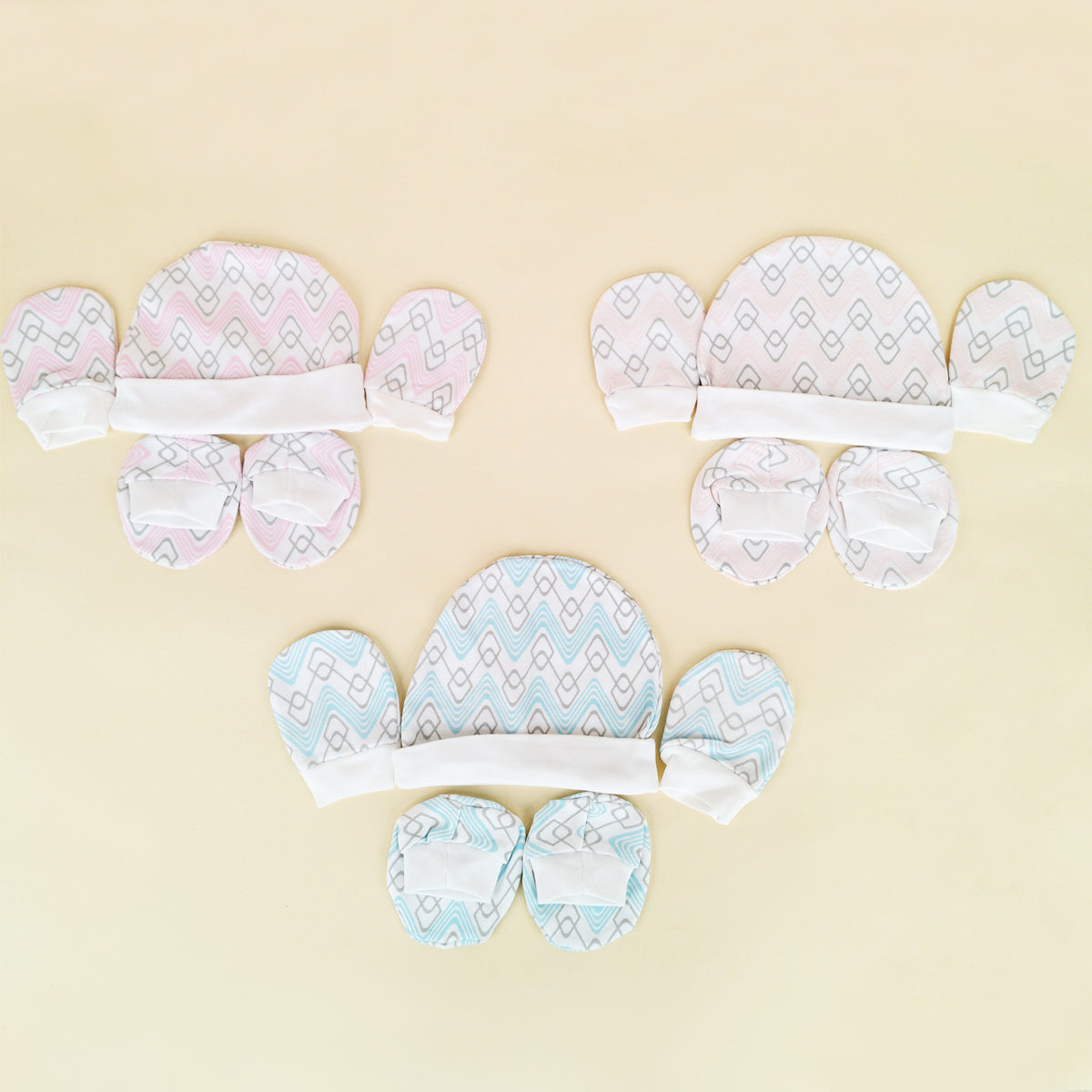 New Born Baby Cap Mitten Bootie Set | Pack of 3 | Mixed Design