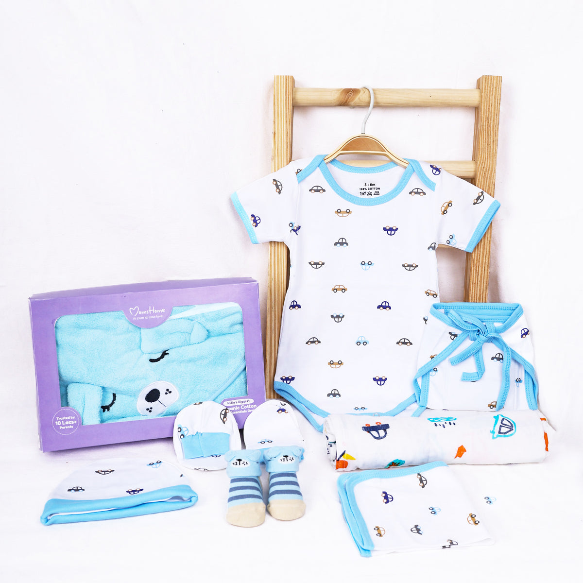 Organic Cotton Baby Essentials Gift Set | Baby Shower Gift Hamper | Baby Clothing Gift Combo | Car | Pack of 10