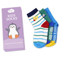 Organic Cotton Anti-Skid Socks for Boys | Non-Slip Grip Socks | Mixed Prints & Designs | Pack of 3