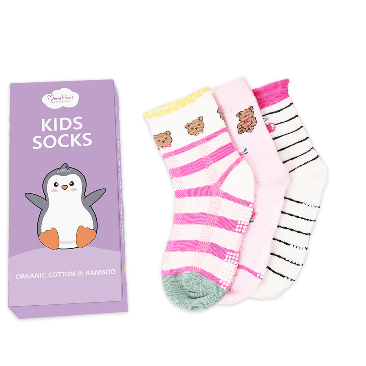 Organic Cotton Anti-Skid Socks for Girls | Non-Slip Grip Socks | Mixed Prints & Designs | Pack of 3