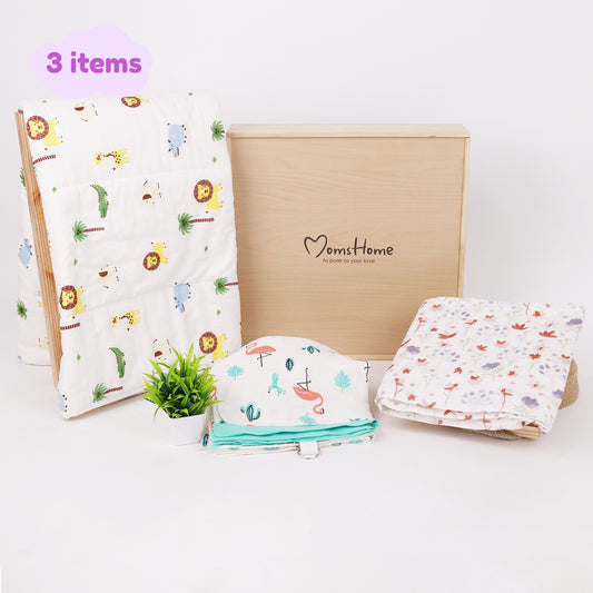 New Born Baby Gift Hamper | Baby Shower Gift Hamper | Baby Essential Gift Set | AC Quilt, Feeding Apron & Muslin Swaddle Set | Pack of 3