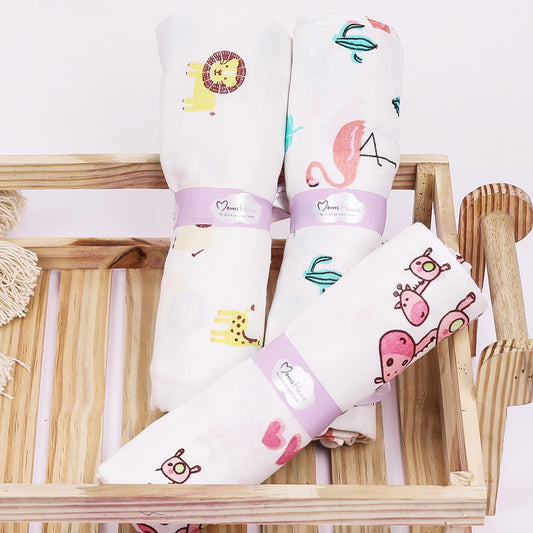 Baby Swaddle Wrap Organic Muslin cotton - 100x100 cm - Pack of 3 -Pink Giraffe, Flemingo, Jungle