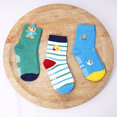 Organic Cotton Anti-Skid Socks for Boys | Non-Slip Grip Socks | Mixed Prints & Designs | Pack of 3