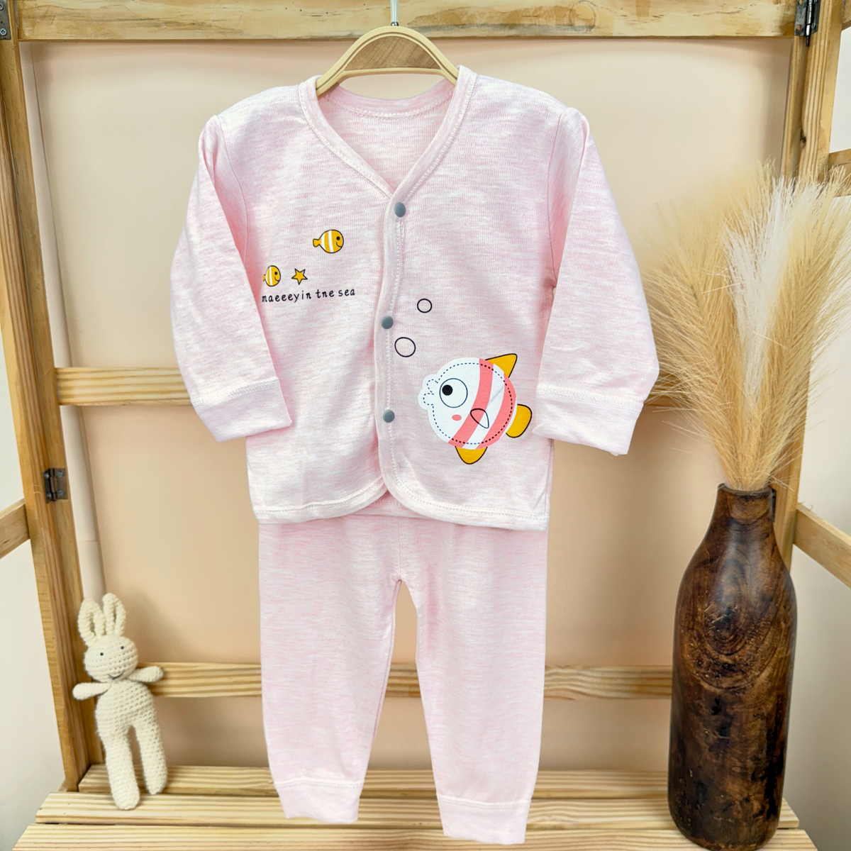 Baby's Warm Unisex Cotton Suit Set - 1 Pajama and 1 Shirt - Pink