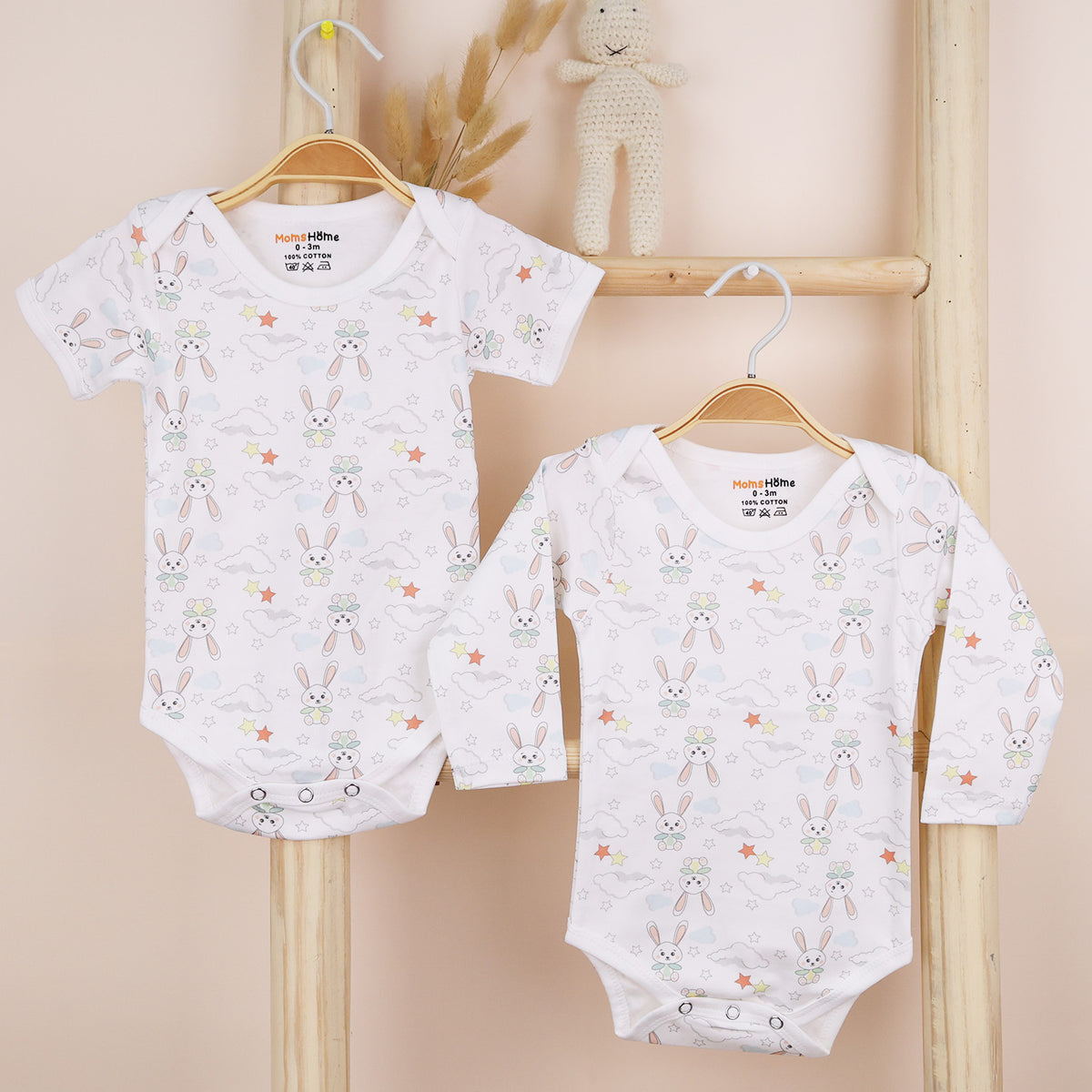 Organic Cotton Baby Full & Half Sleeve Onesie | Unisex Baby Romper Dress | Bunny | Pack of 2