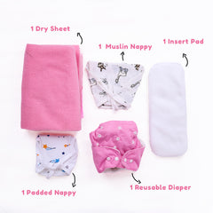 Organic Cotton Baby Nappy Time Combo | 5 Items | Pink | 0-6 Months