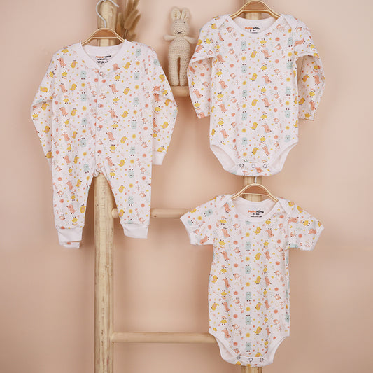 Organic Cotton Baby Full Body Romper, Full & Half Sleeve Onesie Set | Tweety | Pack of 3