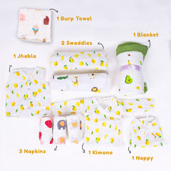 New Born Baby Muslin Gift Hamper | Baby Shower Gift Set | Baby Essential Clothes Set | Lemon | Pack of 10