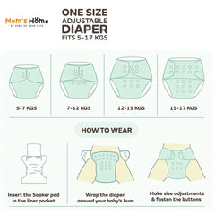 Moms Home Baby Reusable Cotton Pocket Diapers With 3 Inserts,  Adjustable 0-12 Months - Pack of 3