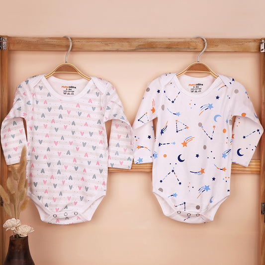 Organic Cotton Baby Full Sleeve Onesie | Galaxy & Little Hearts  | Pack of 2