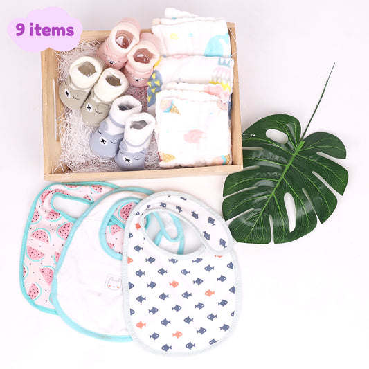 New Born Baby Gift Hamper | Baby Shower Gift Hamper | Baby Essential Gift Set | 0-6 Months | Pack of 9