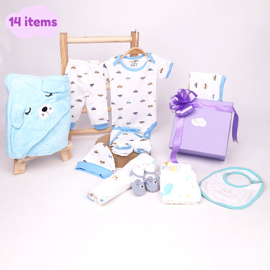 New Born Baby Gift Hamper | Baby Shower Gift Hamper | Baby Essential Clothes Set For Boys | Blue | Pack of 14