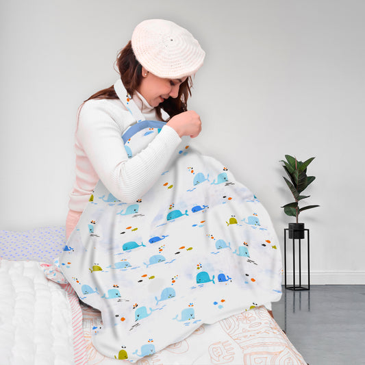 Organic Cotton Muslin Nursing Cover For Breastfeeding Feeding Apron - Blue Whale