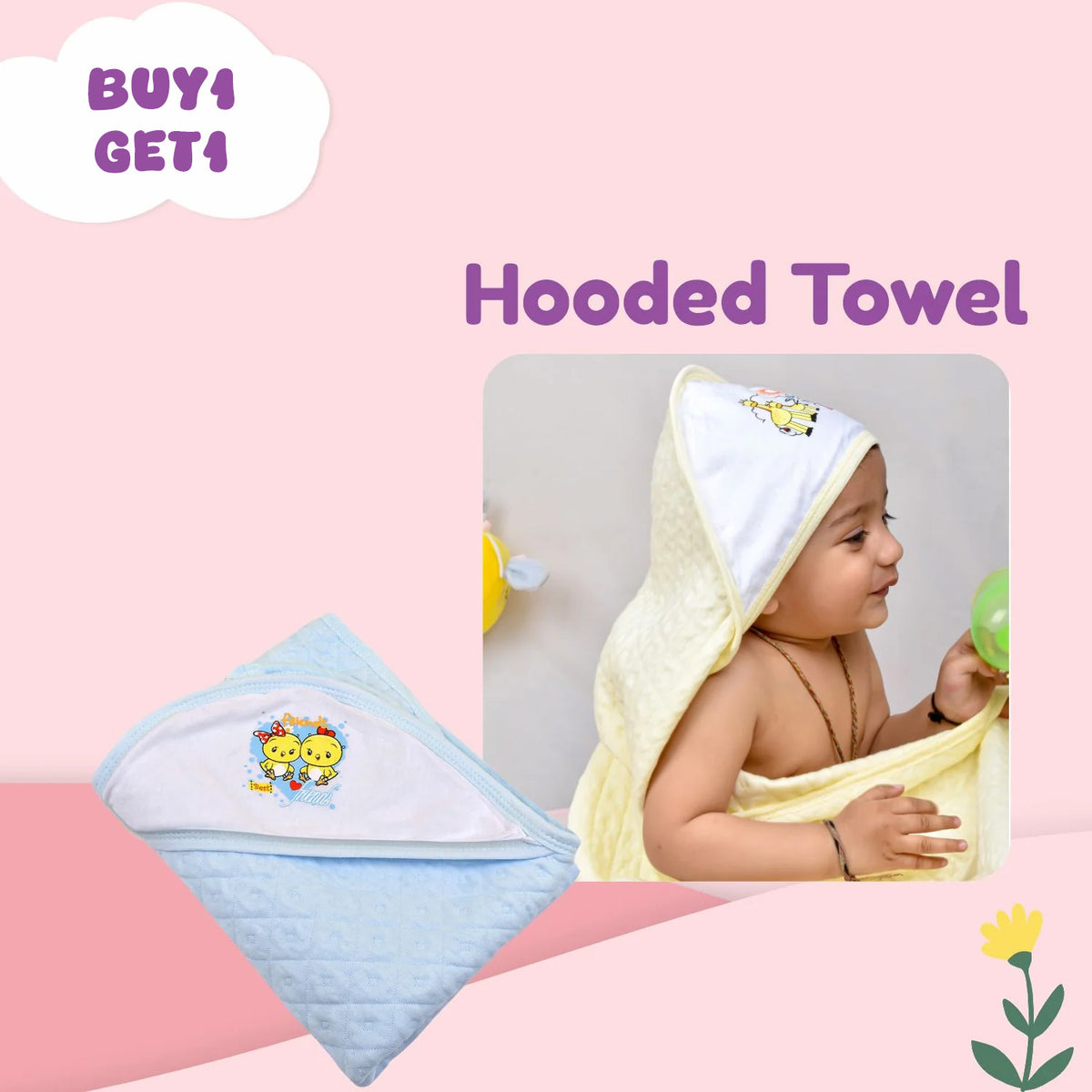 Ultra Soft Cotton Baby Hooded Towel - 70x70 cm ( 0-3 Months ) Buy 1 Get 1 Free