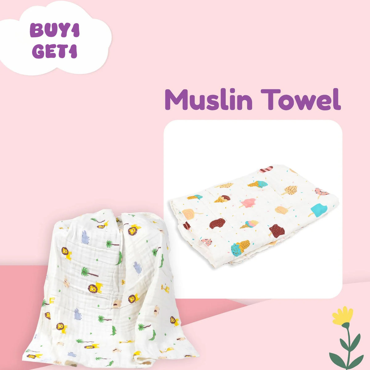 Baby Muslin 6 Layer Towel- 60X120 CM | 0-3 Years | Buy 1 Get Free