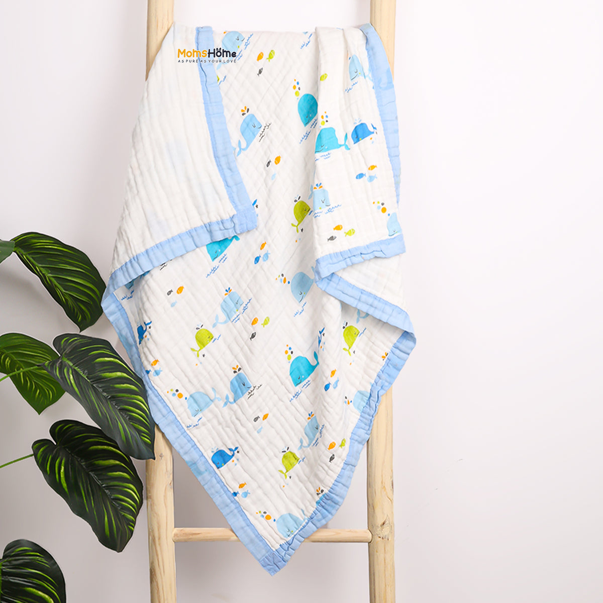 Baby Muslin 6 Layer Muslin blanket Cum Towel - 100X100 CM - (0-3 Years) Pack Of 1 Blue Whale