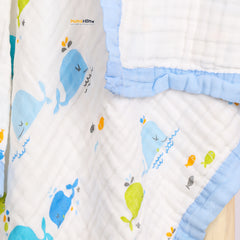 Baby Muslin 6 Layer Muslin blanket Cum Towel - 100X100 CM - (0-3 Years) Pack Of 1 Blue Whale