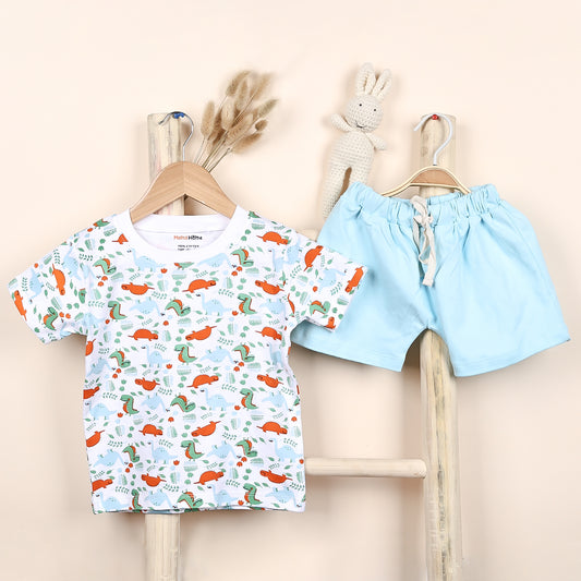 Kids Organic Cotton Co-Ord Set | T-Shirt & Shorts- Blue | Dino