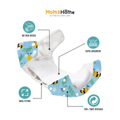 Moms Home Baby Reusable Cotton Pocket Diapers With 3 Inserts,  Adjustable 0-12 Months - Pack of 3