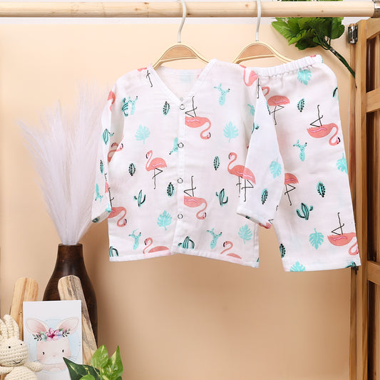 Baby Unisex Organic Cotton Muslin Full Sleeves Jhabla & Payjama | Flamingo | Set of 1