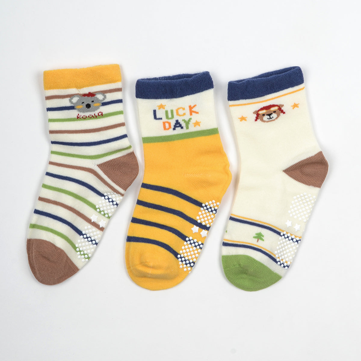 Baby Organic Cotton Antiskid Cute Detailed Socks - Multi Colour - Pack of 3