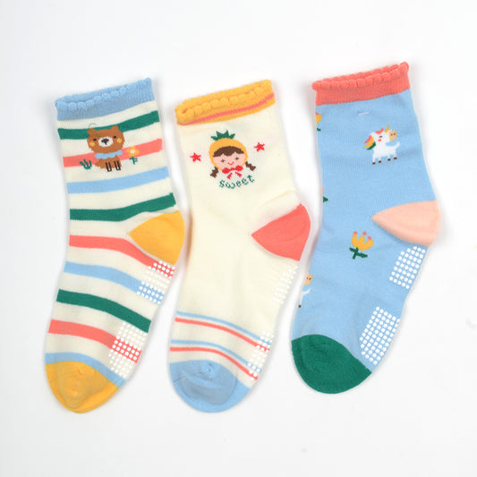 Baby Organic Cotton Antiskid Cute Detailed Socks - Multi Colour - Pack of 3