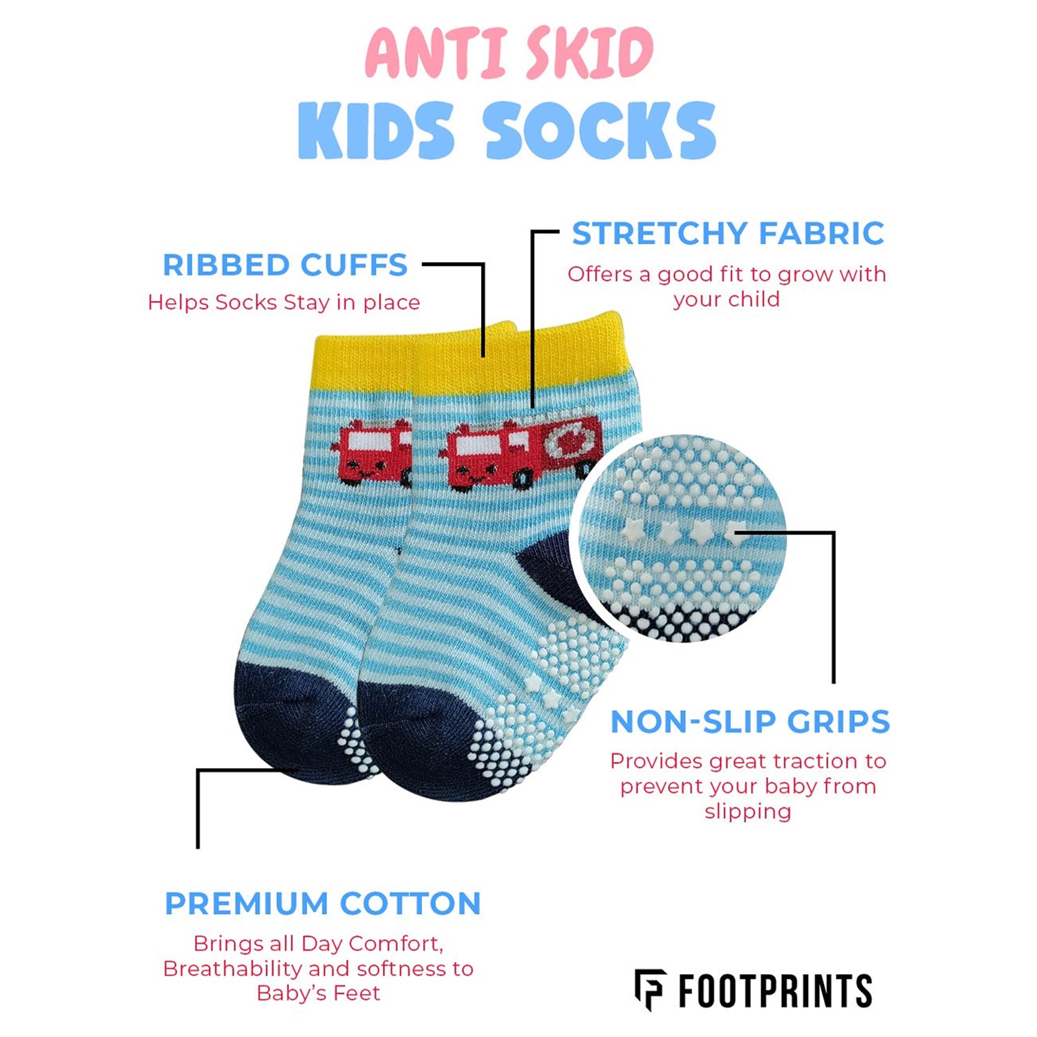 Baby Organic Cotton Antiskid Cute Detailed Socks - Multi Colour