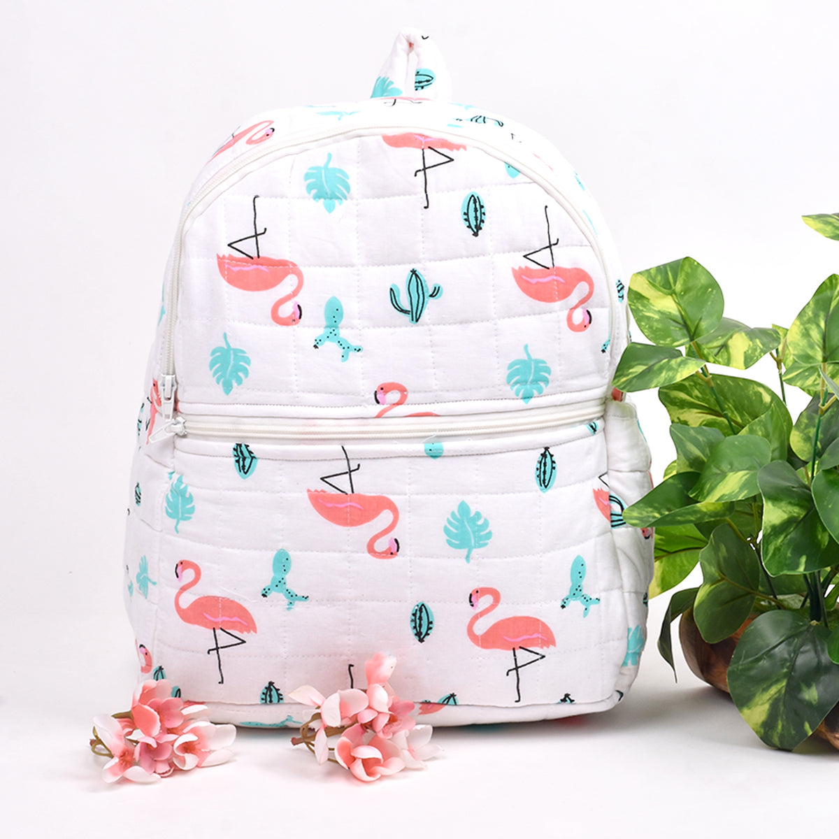 Baby Organic Cotton Muslin Travel Bag- Diaper Multipurpose Carry bags for Mothers- Flamingo