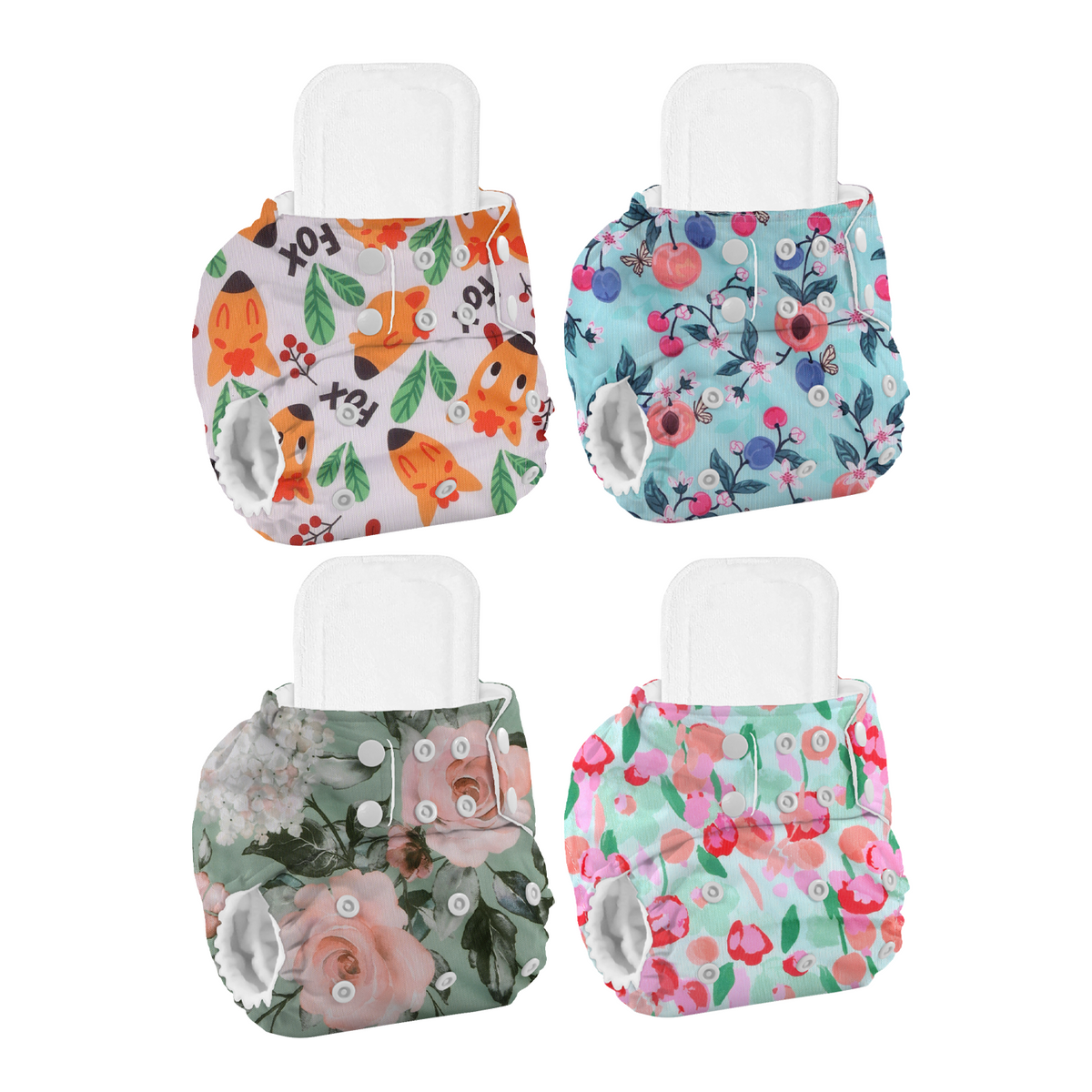 Baby Reusable Cotton Printed Pocket Diapers With 4 Insert | 0-12 Months | Pack of 4