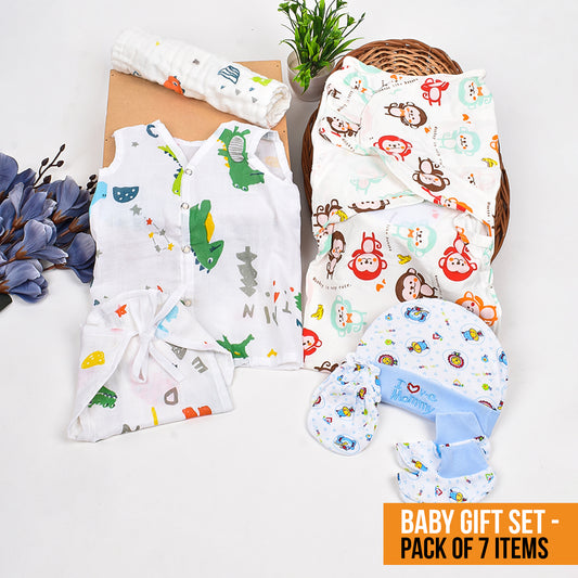 Moms Home New Born Organic Cotton Velcro Swaddle Wrap Gift Set of 7 Items - Dino