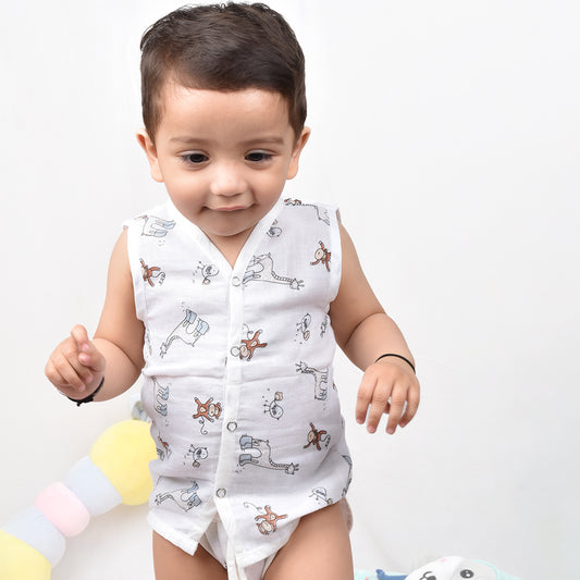 Baby Unisex Organic Cotton Muslin Jhabla & Nappy | Jungle | Set of  1