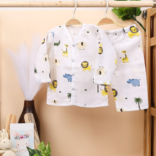 Baby Unisex Organic Cotton Muslin Full Sleeves Jhabla & Payjama | Lion | Set of 1