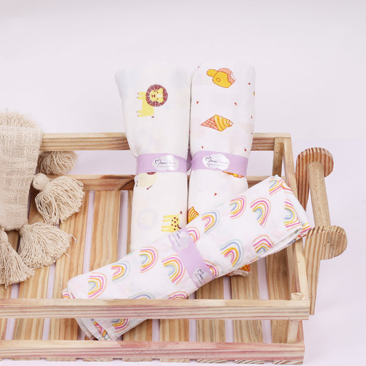 Baby Swaddle Wrap Organic Muslin cotton - 100x100 cm - Pack of 3 - Rainbow, Jungle, Icecream