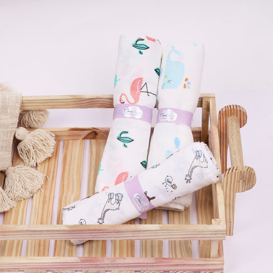 Baby Swaddle Wrap Organic Muslin cotton - 100x100 cm - Pack of 3 Jungle, Flamingo, Whale