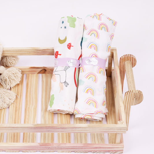 Baby Muslin Cloth Swaddle - 0-12 Months,  Pack of 2 (Unicorn & Rainbow)