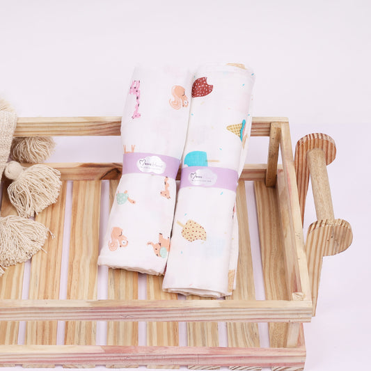 Baby Muslin Swaddle | 100x100 CM | Pack of 2 | Icecream, Animal