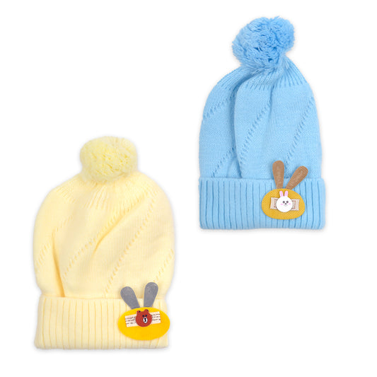 Baby Unisex Woolen Caps | Blue & Cream | Bear| Pack Of 2