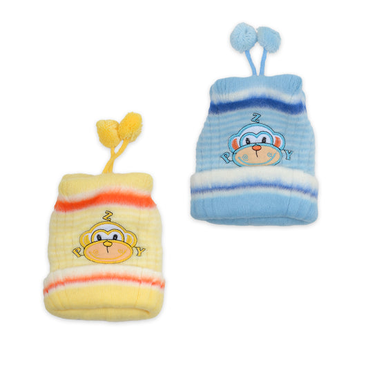 Baby Unisex Woolen Caps | Cream & Sky Blue | Monkey | Pack Of 2