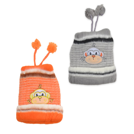 Baby Unisex Woolen Caps | Grey & Orange | Monkey | Pack Of 2