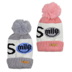 Baby Unisex Woolen Caps | Grey & Pink | Smile | Pack Of 2