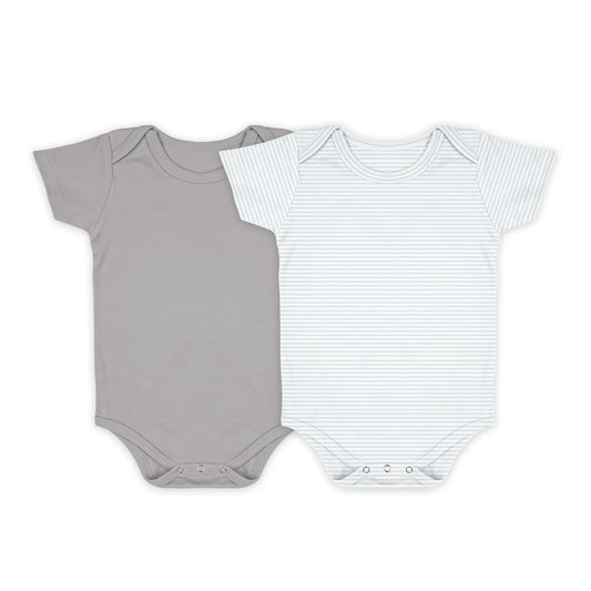 Baby Organic Cotton Onesie | Blue Strip, Grey | 6-12 Months | Pack of 2