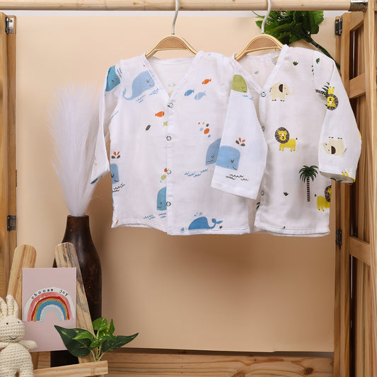 Baby Unisex Organic Cotton Muslin Full Sleeves Jhabla | Lion, Whale | Pack of 2